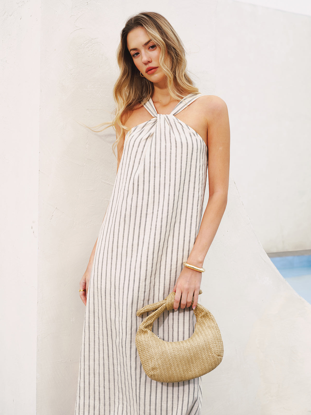 Halter Striped Cotton-Linen Maxi Dress-Chicvia
