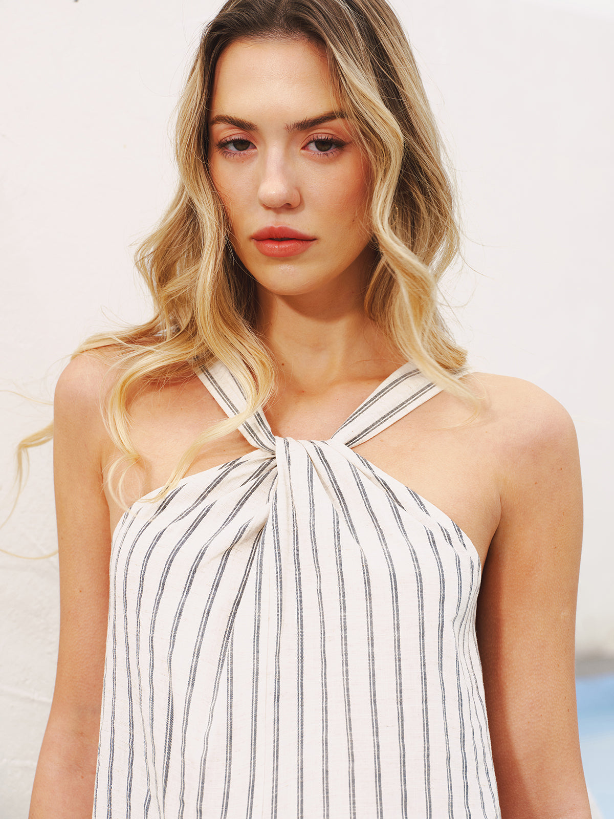 Halter Striped Cotton-Linen Maxi Dress-Chicvia