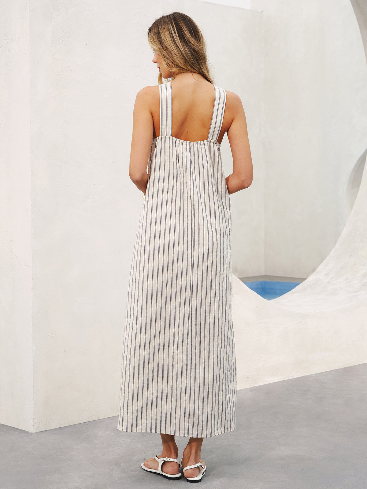 Halter Striped Cotton-Linen Maxi Dress-Chicvia