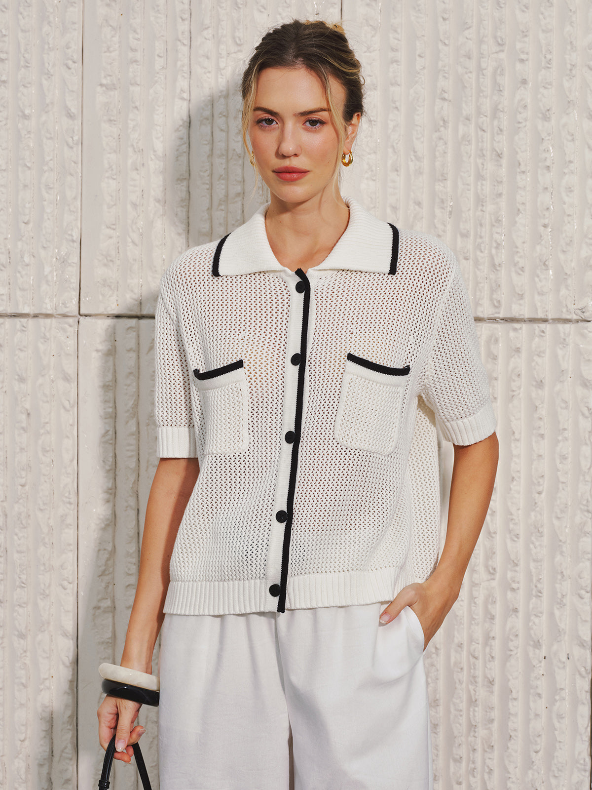 Collared Contrast Trim Open Knit Cardigan-Chicvia