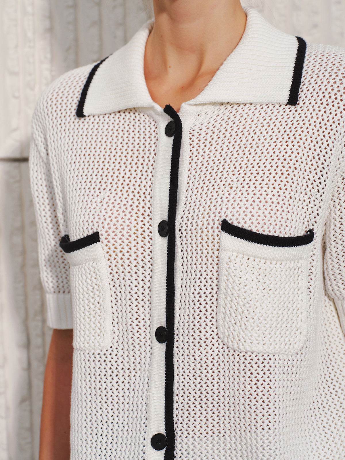 Collared Contrast Trim Open Knit Cardigan-Chicvia