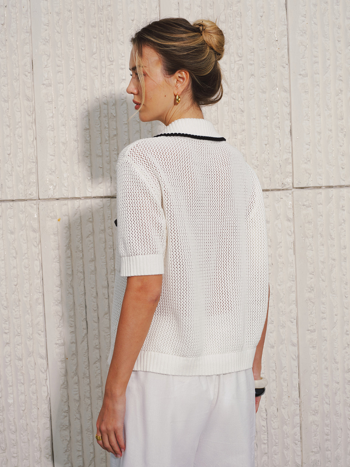 Collared Contrast Trim Open Knit Cardigan-Chicvia