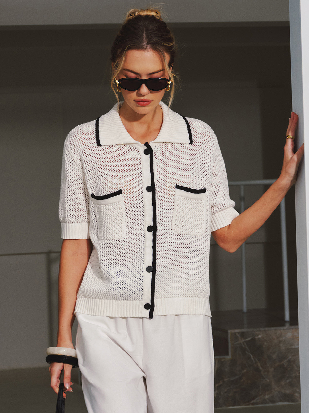 Collared Contrast Trim Open Knit Cardigan-Chicvia