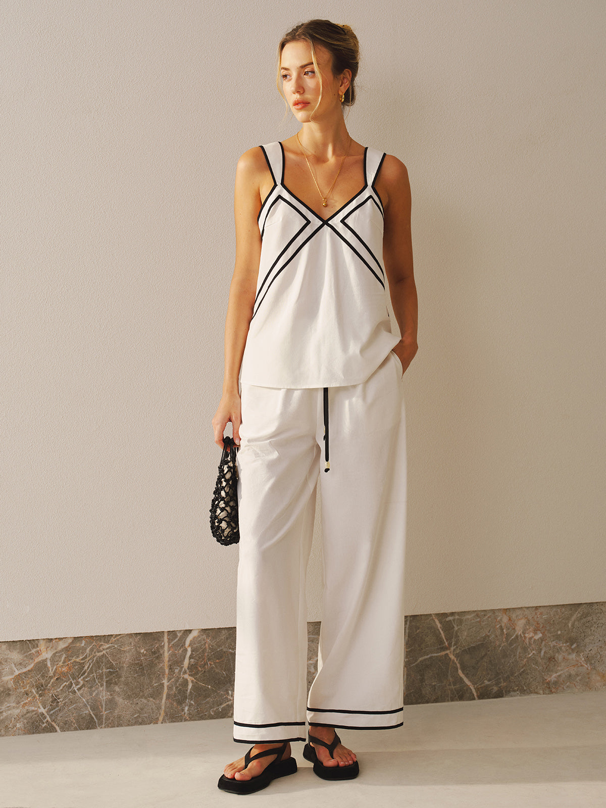 Contrast Trim Cami Top & Wide Leg Pants Set-Chicvia