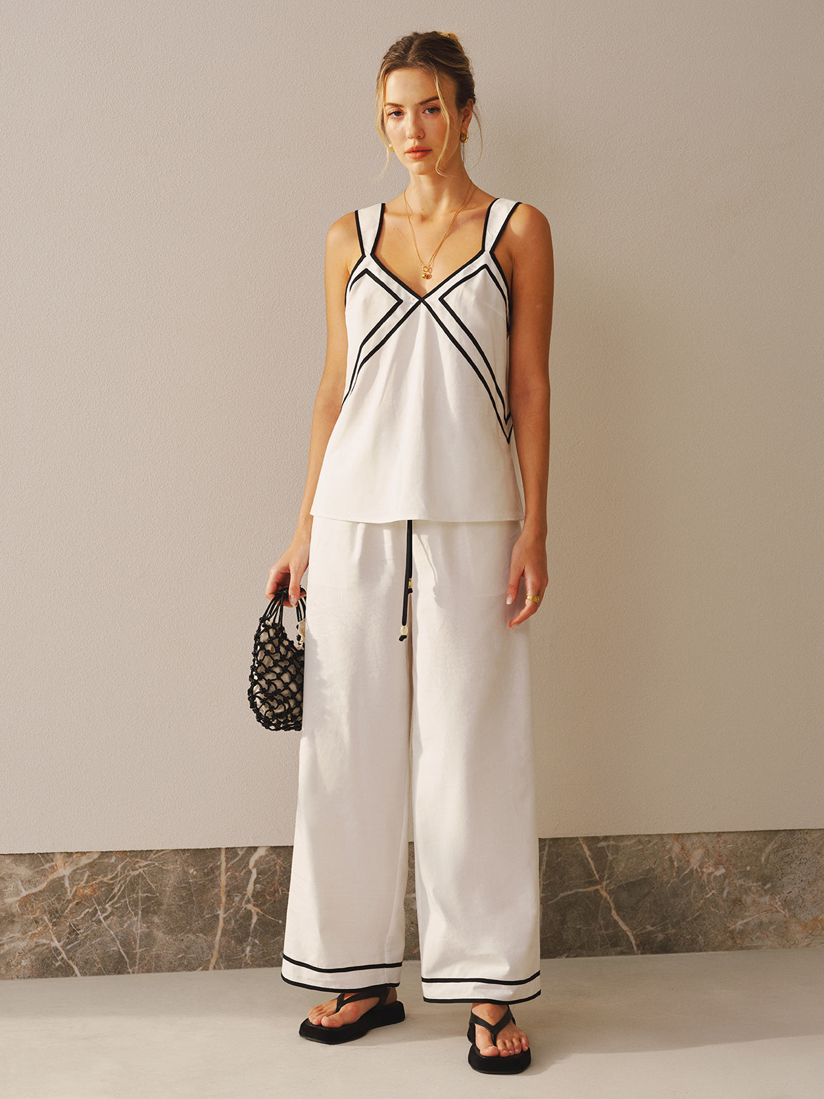 Contrast Trim Cami Top & Wide Leg Pants Set-Chicvia