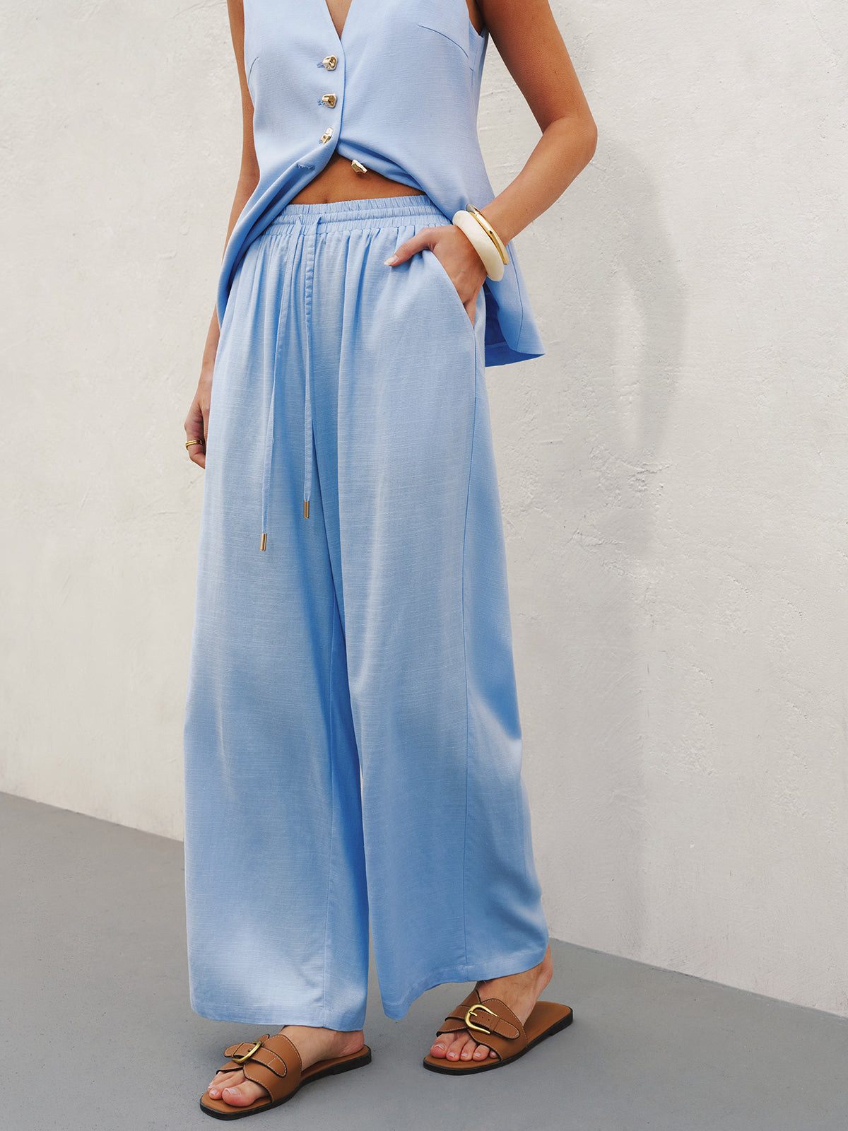 Linen Blend Vest & Wide-Leg Pants Set-Chicvia