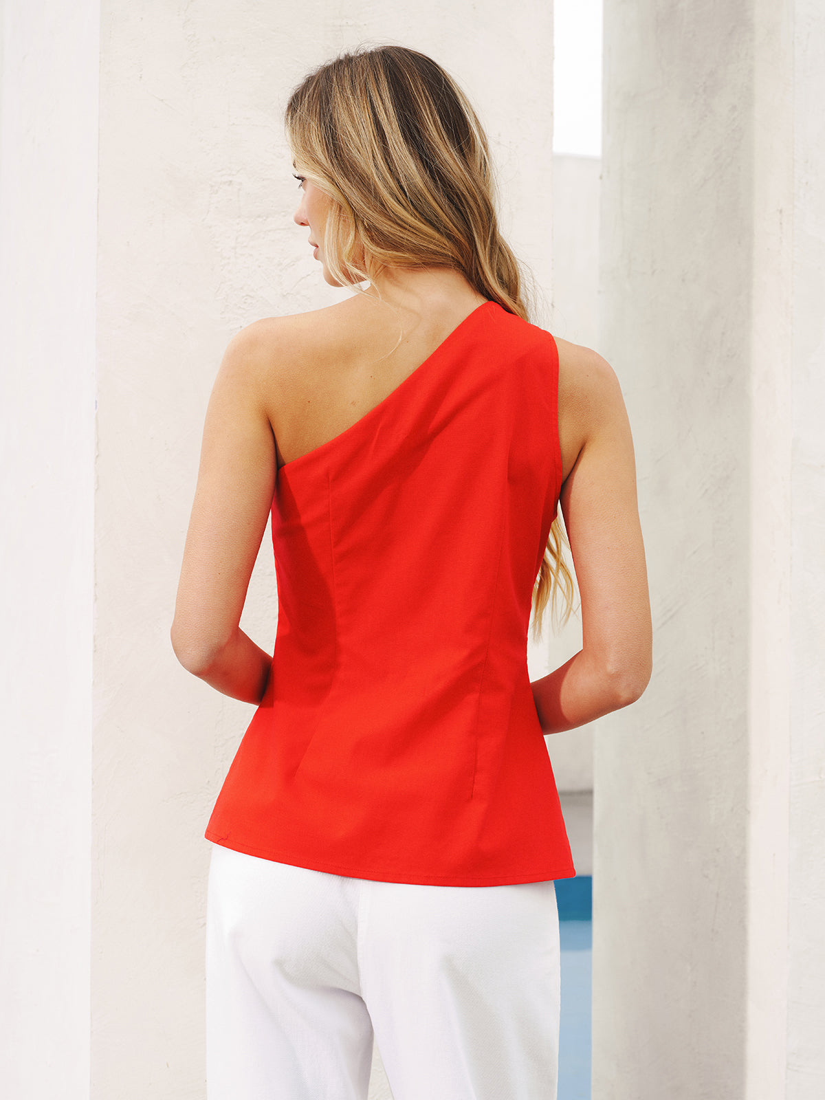 One-Shoulder Button Detail Linen-Blend Top-Chicvia