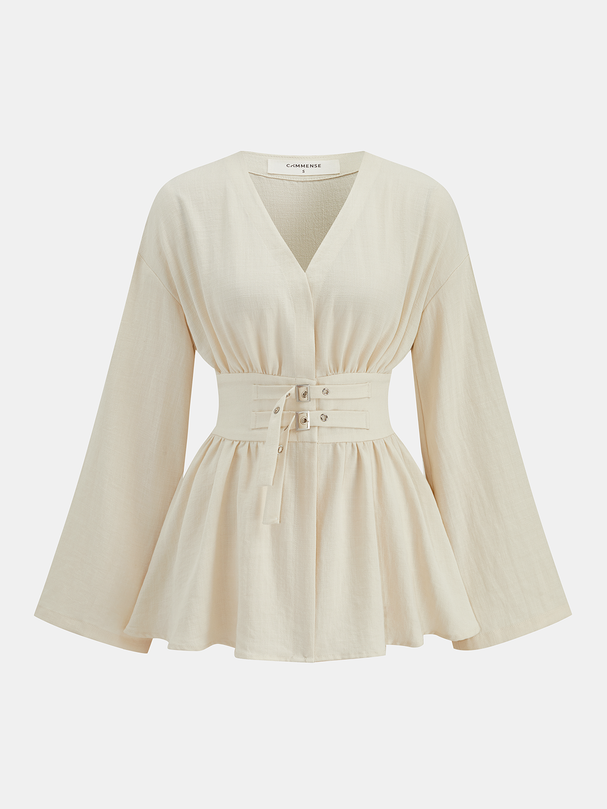 Cotton Blend Double-Buckle Peplum Blouse-Chicvia