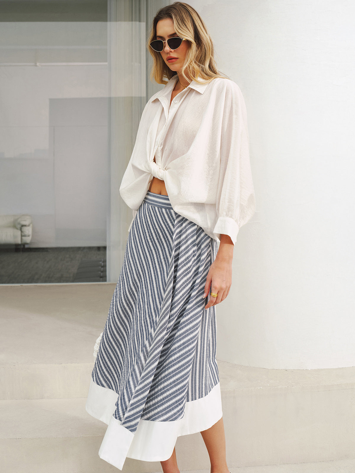 Pocket Detail Striped Midi Skirt-Chicvia