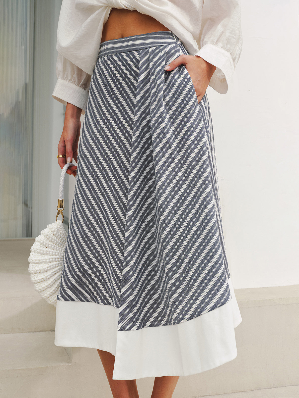 Pocket Detail Striped Midi Skirt-Chicvia