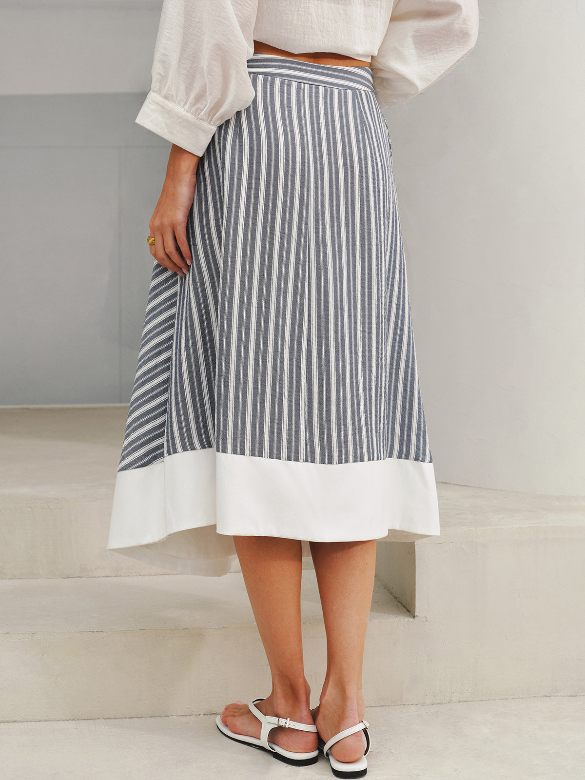 Pocket Detail Striped Midi Skirt-Chicvia
