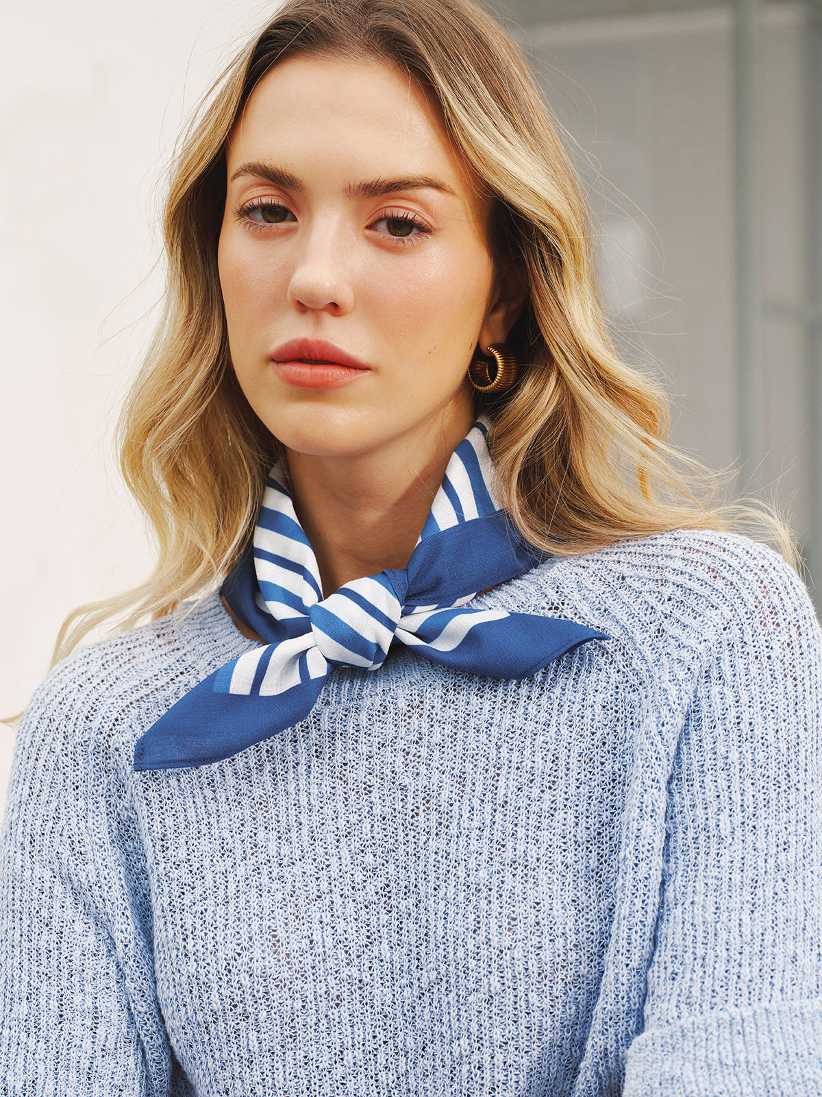 Open Knit Short Sleeve Sweater with Striped Scarf-Chicvia