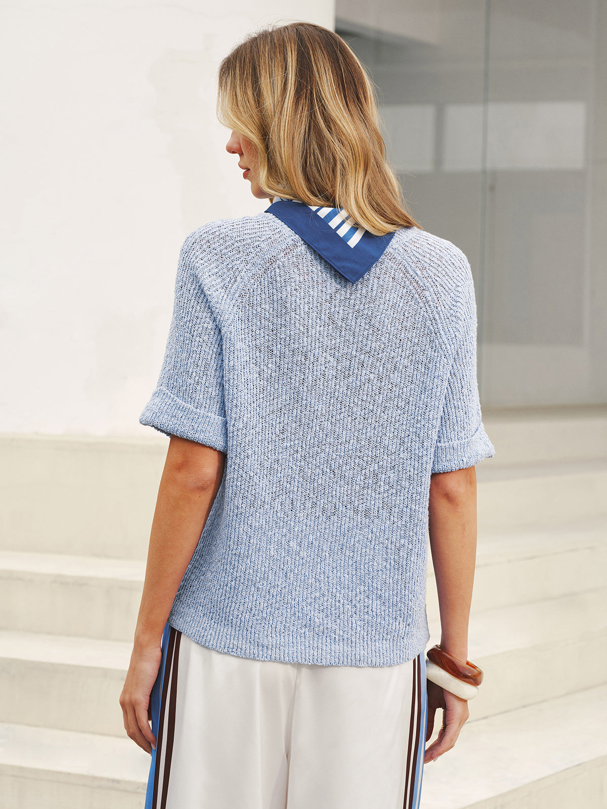 Open Knit Short Sleeve Sweater with Striped Scarf-Chicvia