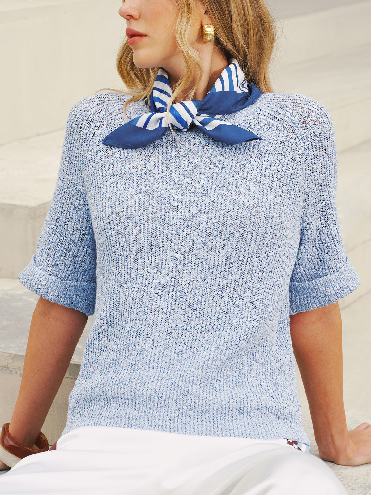 Open Knit Short Sleeve Sweater with Striped Scarf-Chicvia