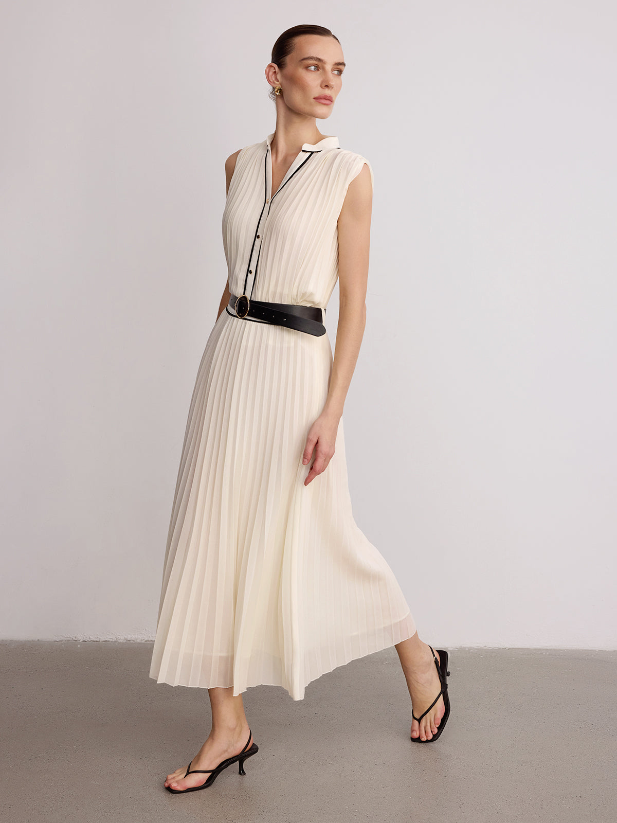 Contrast Trim Pleated Top & Maxi Skirt Set-Chicvia