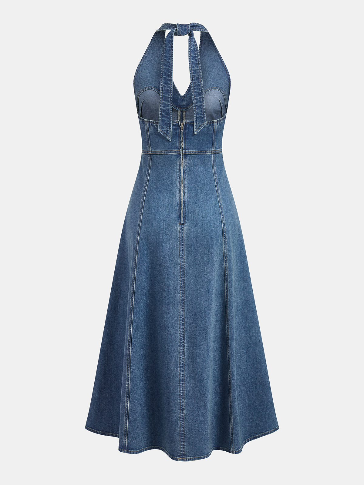 Halter Backless Denim Midi Dress-Chicvia