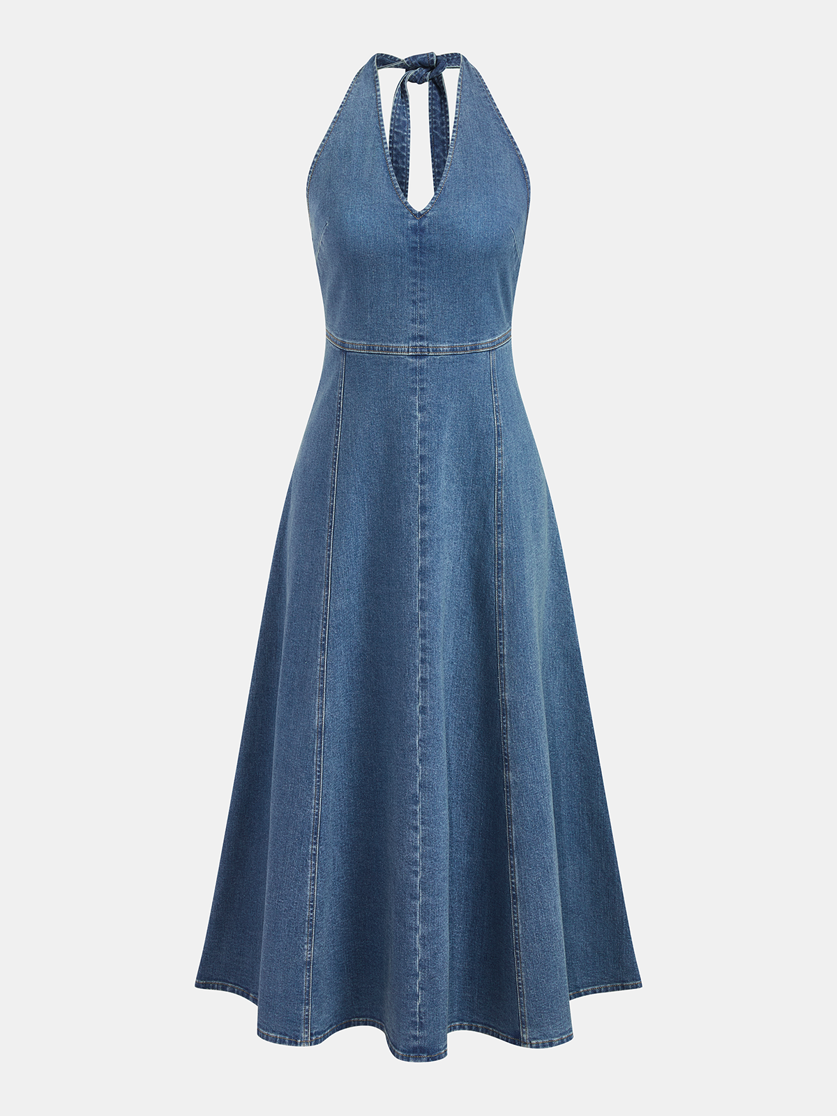 Halter Backless Denim Midi Dress-Chicvia
