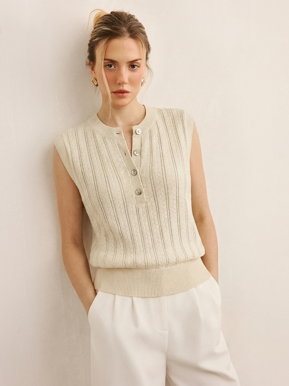 Cable Knit Sleeveless Henley Sweater Vest-Chicvia