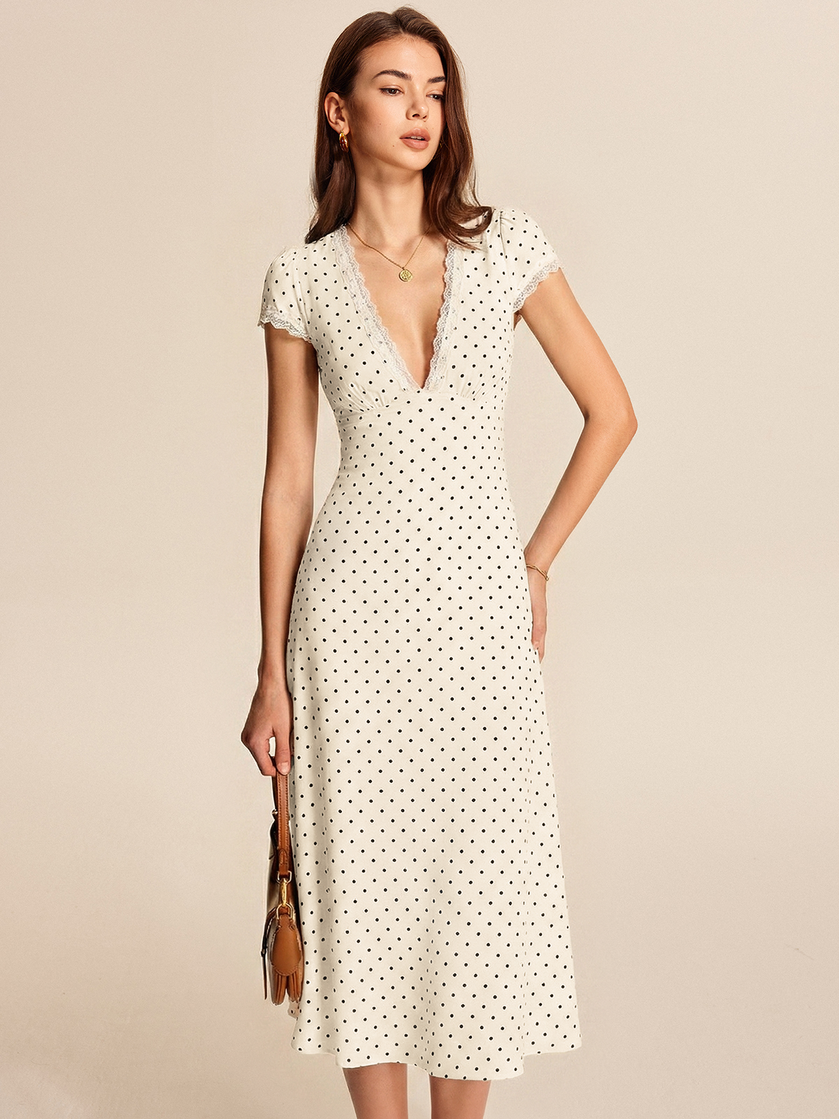 Polka Dot Lace Trim Midi Dress-Chicvia