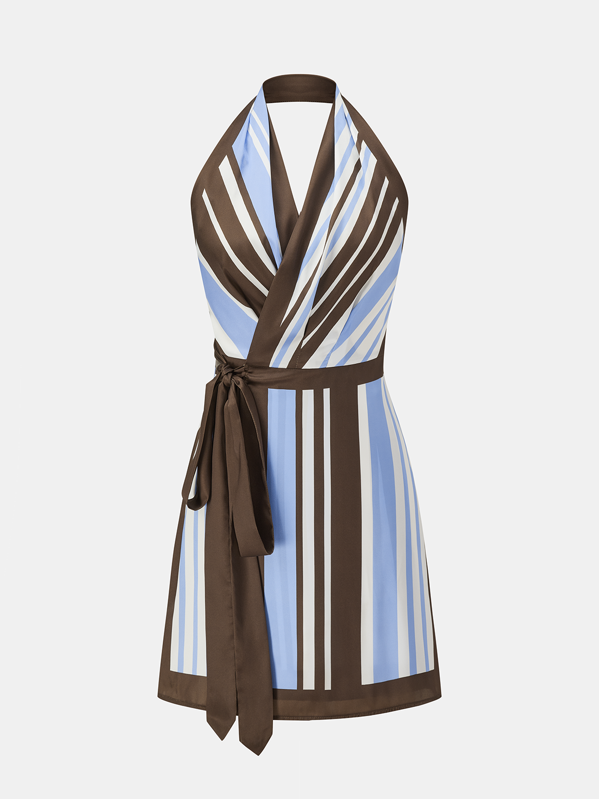 Halter Striped Satin Wrap Mini Dress-Chicvia