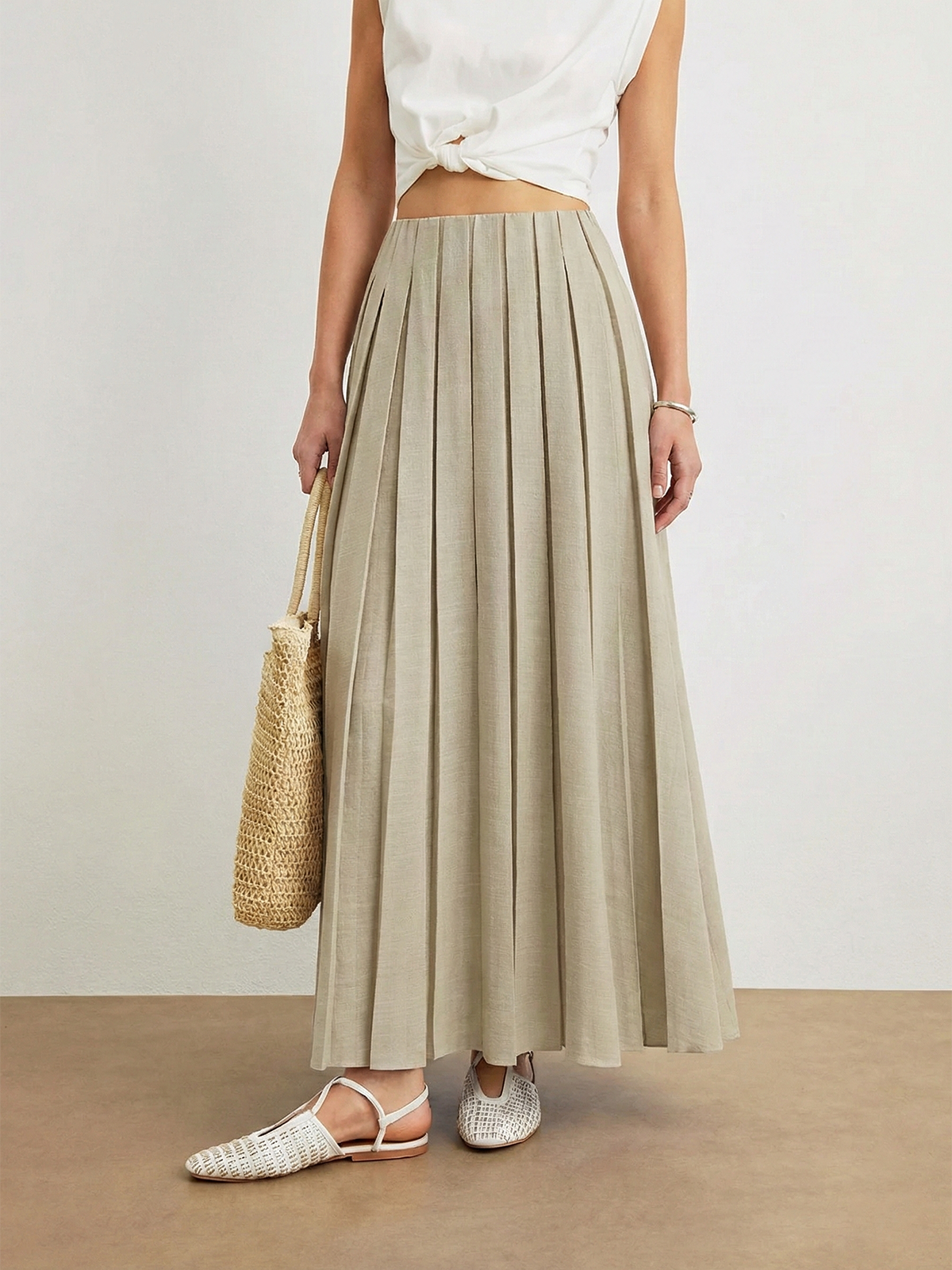 Elastic Waist Pleated Midi Skirt-Chicvia