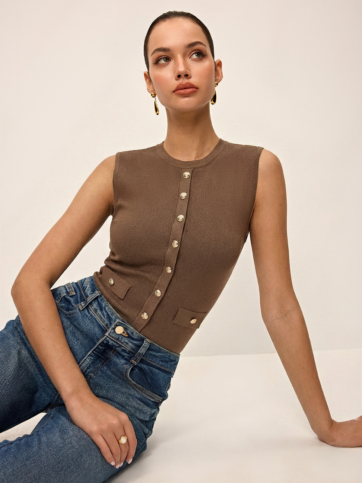 Metal Button Crew-Neck Sleeveless Knit Vest-Chicvia