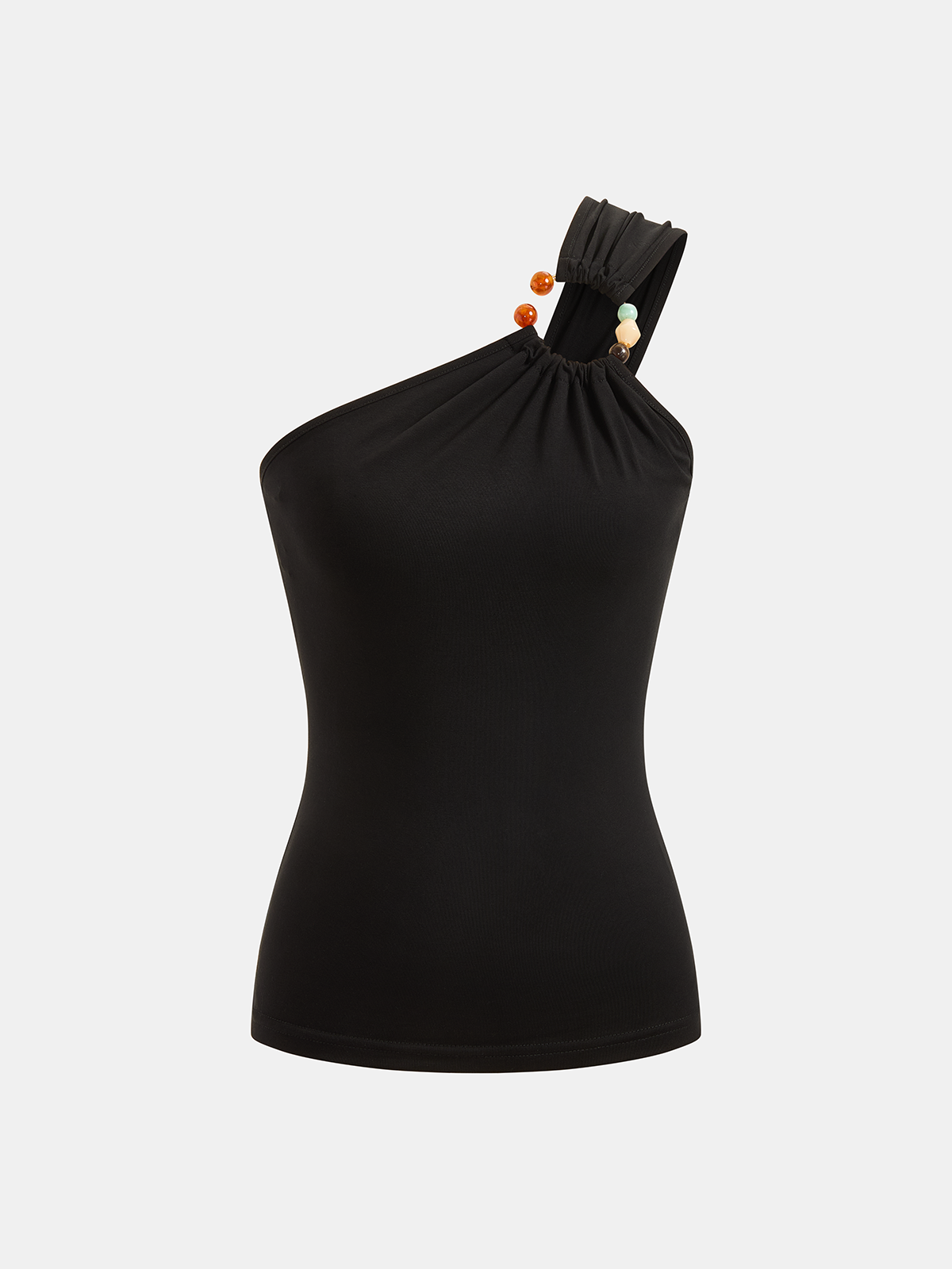 One Shoulder Beaded Fitted Tank Top-Chicvia