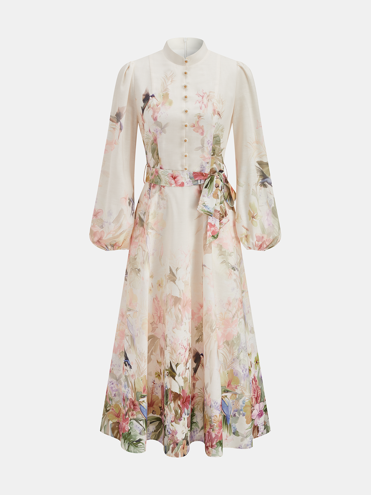 Floral Print Belted Puffed Sleeve Maxi Dress-Chicvia