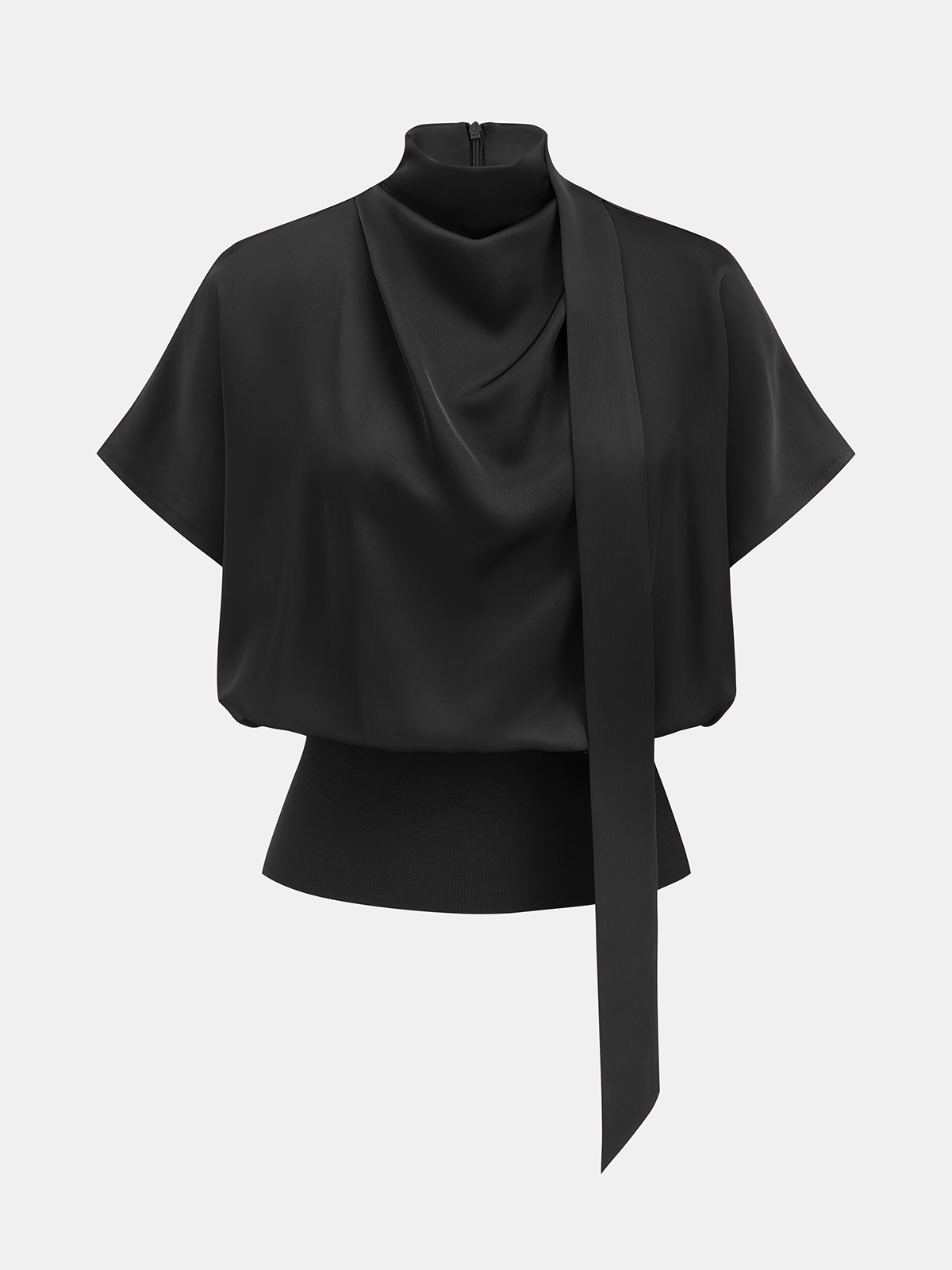 Draped Satin Mock Neck Blouse with Tie-Chicvia