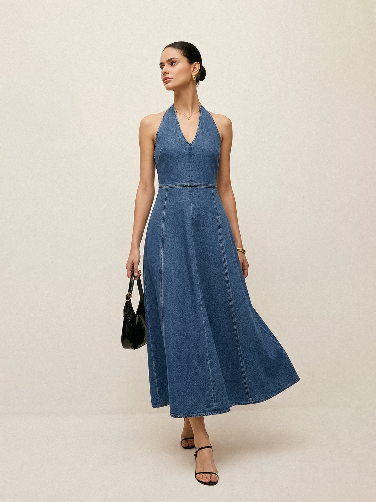 Halter Backless Denim Midi Dress-Chicvia