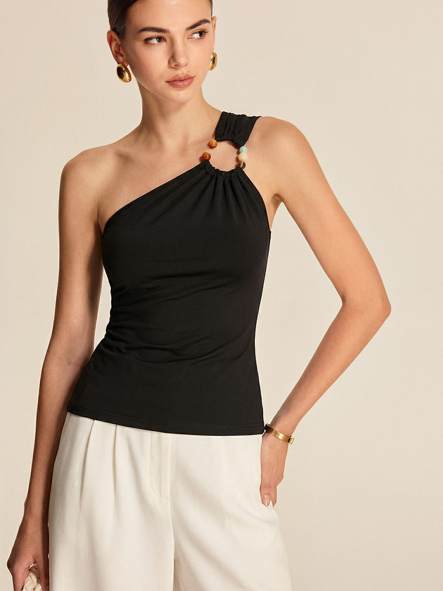 One Shoulder Beaded Fitted Tank Top-Chicvia