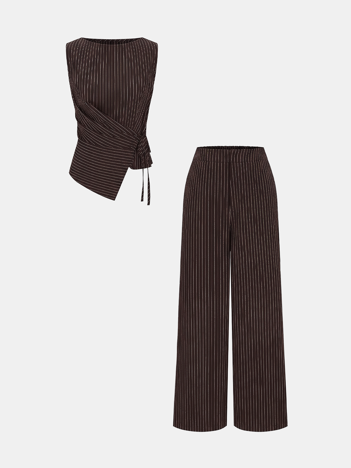 Pinstripe Wrap Top & Wide-Leg Pants Set-Chicvia