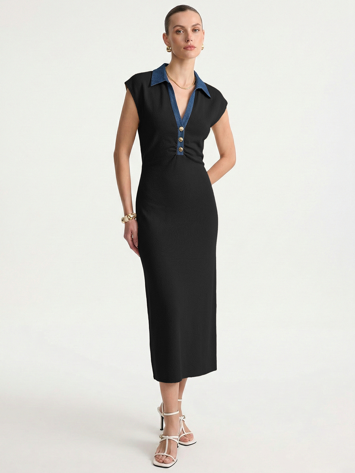 Denim Collar Sleeveless Maxi Dress-Chicvia