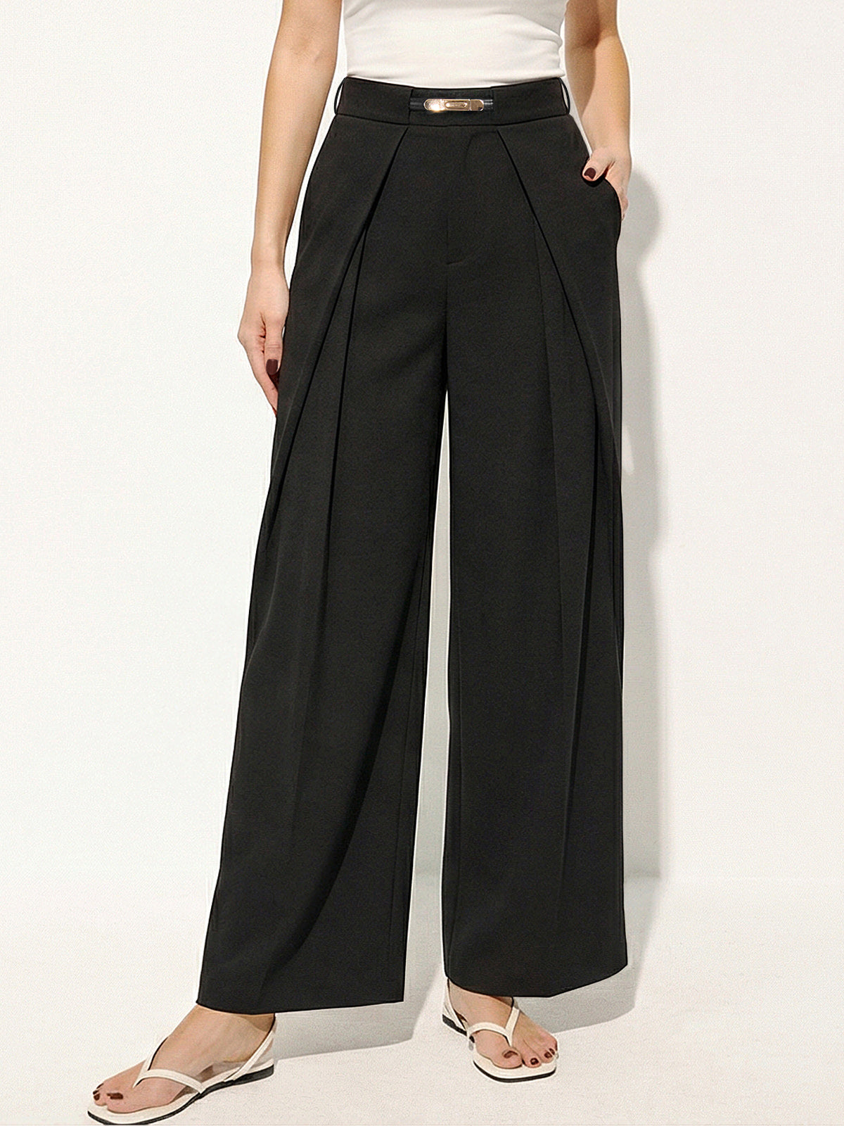 Mid Waist Belted Pleated Wide Leg Pants-Chicvia