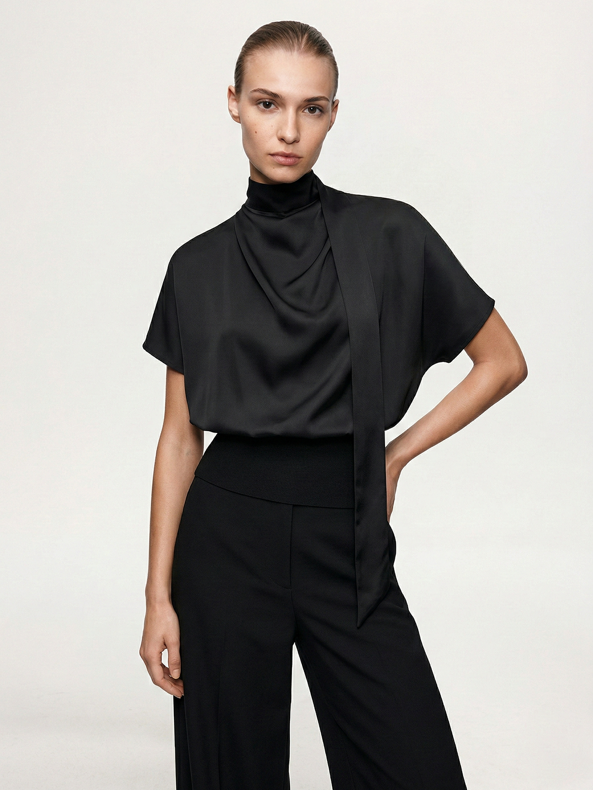 Draped Satin Mock Neck Blouse with Tie-Chicvia