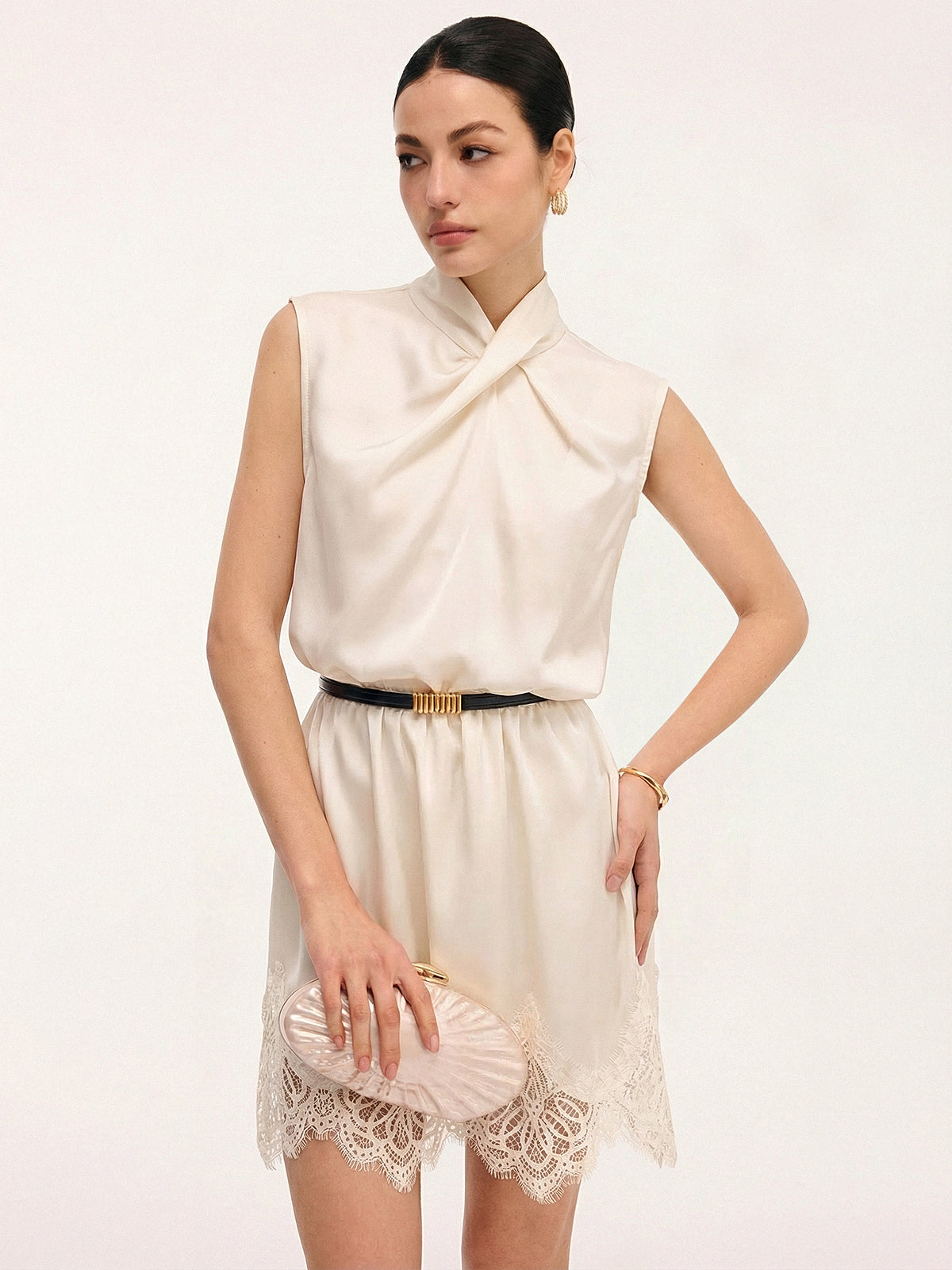 Lace Trim Satin Cross Neck Sleeveless Dress-Chicvia