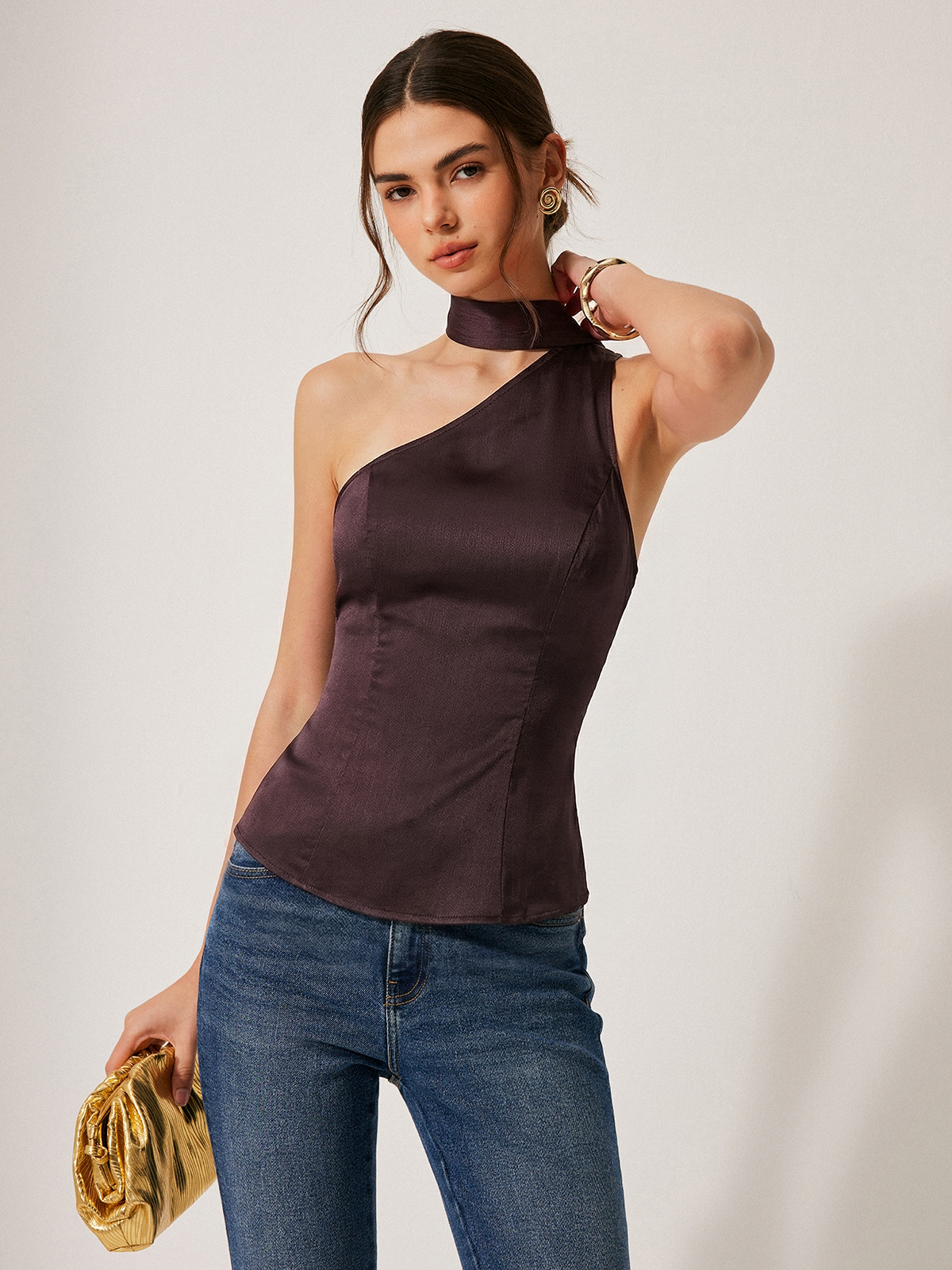 One-Shoulder Halter Tie Fitted Top-Chicvia