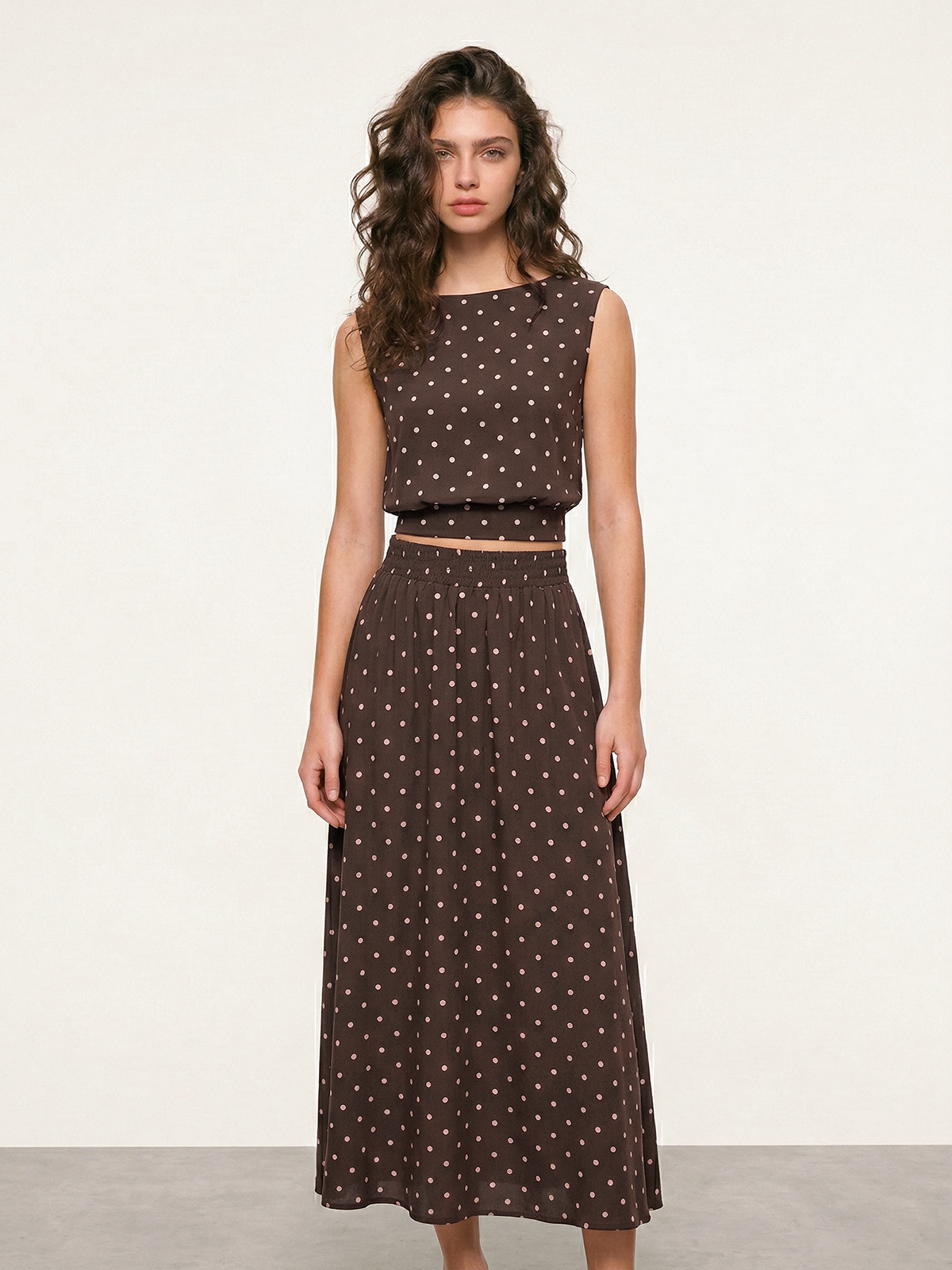 Polka Dot Sleeveless Top & Maxi Skirt Set-Chicvia