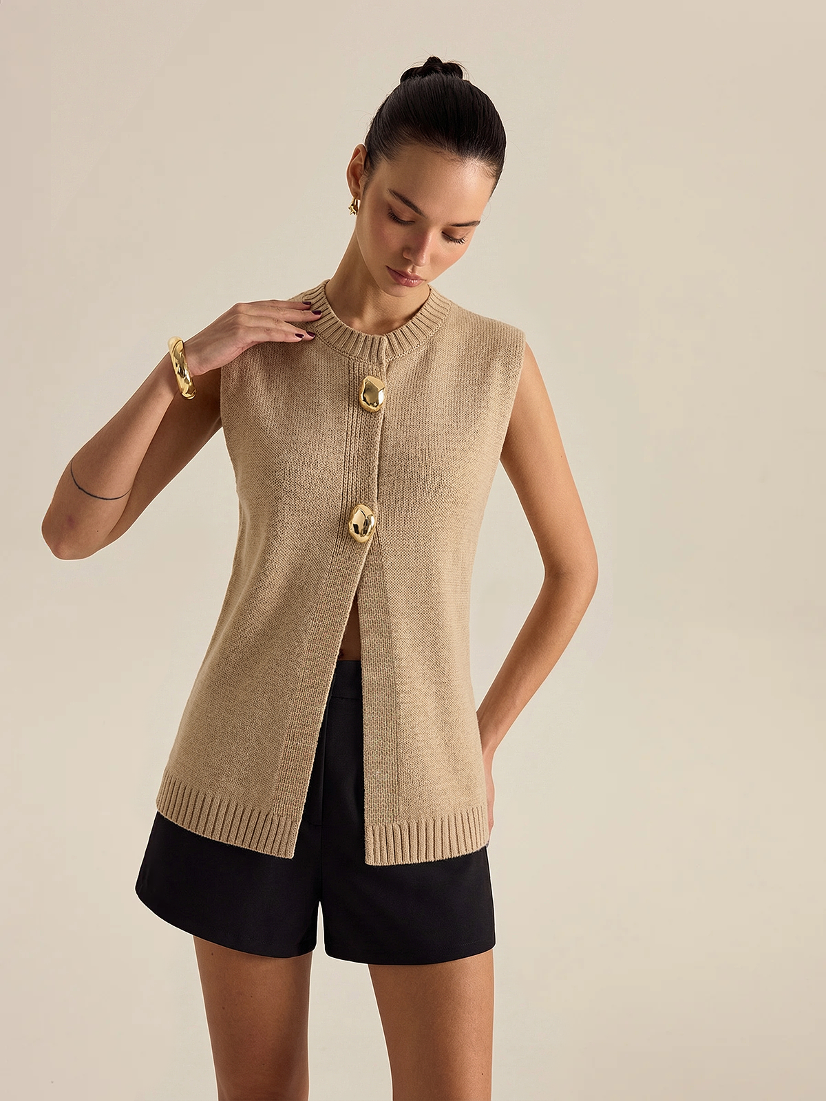 Metal Button Wool Blend Sweater Vest-Chicvia