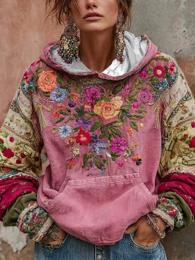 Women's Breast Cancer Awareness Floral Art Hooded Sweatshirt