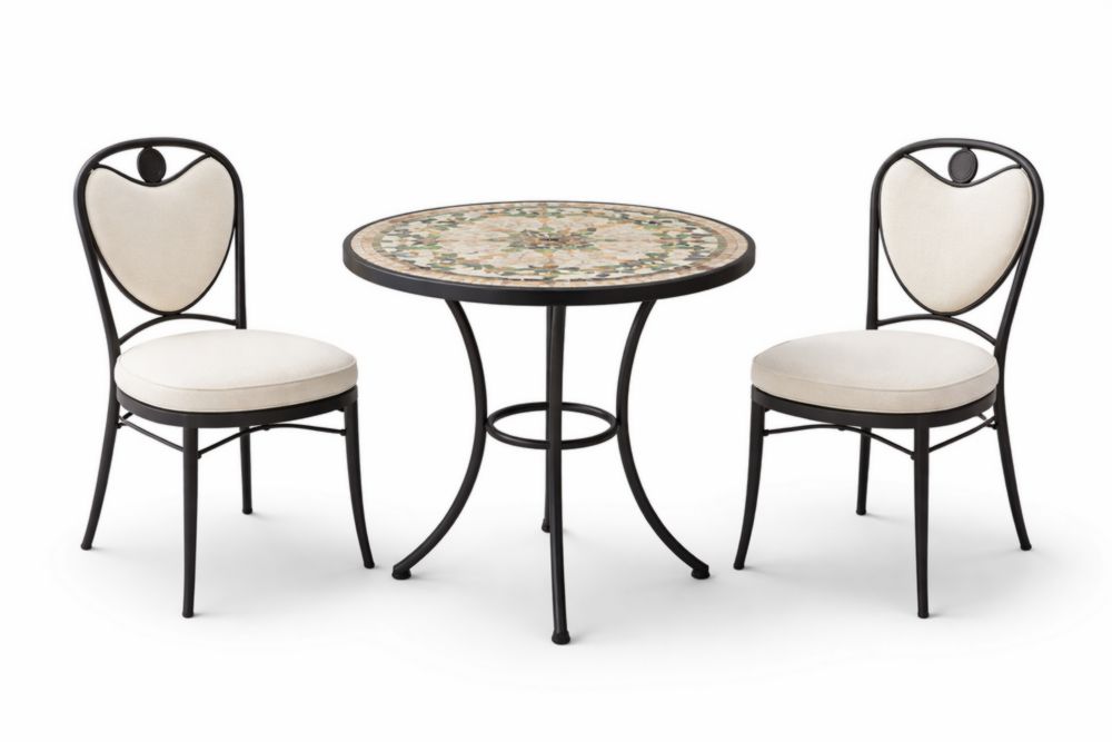 Ensemble de table ronde en mosaïque et 2 chaises en métal et tissu crème