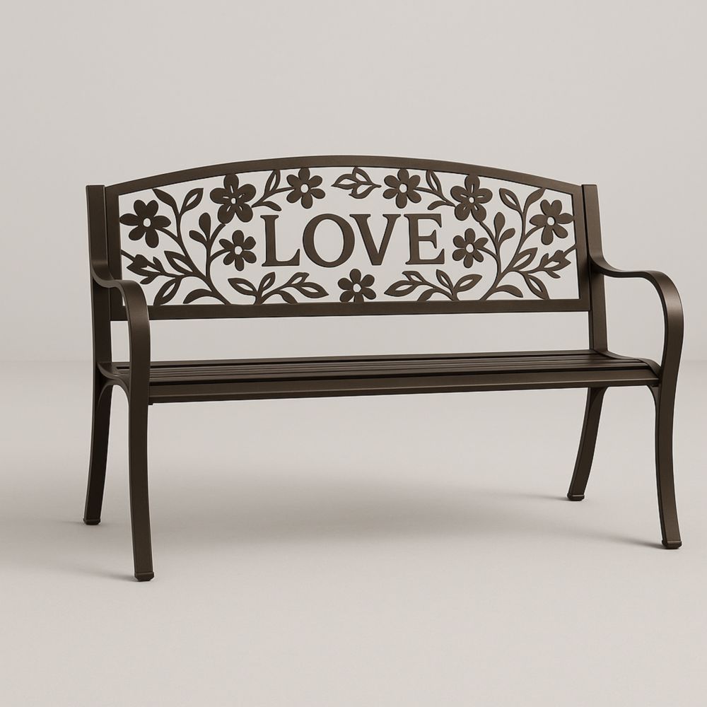 Banc de jardin en métal brun avec motif floral et LOVE 125cm