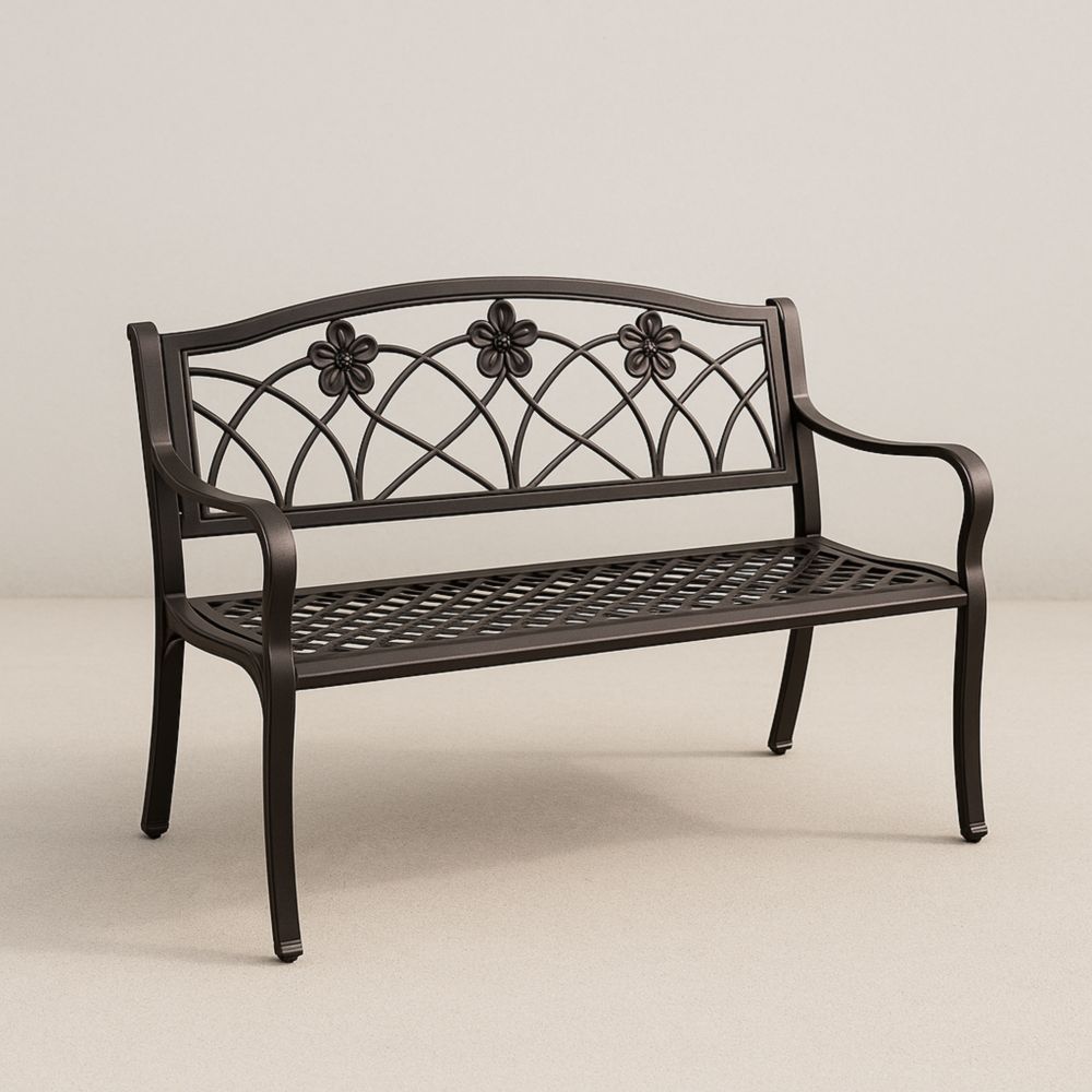 Banc de jardin en fer brun motif floral 125x60x80cm