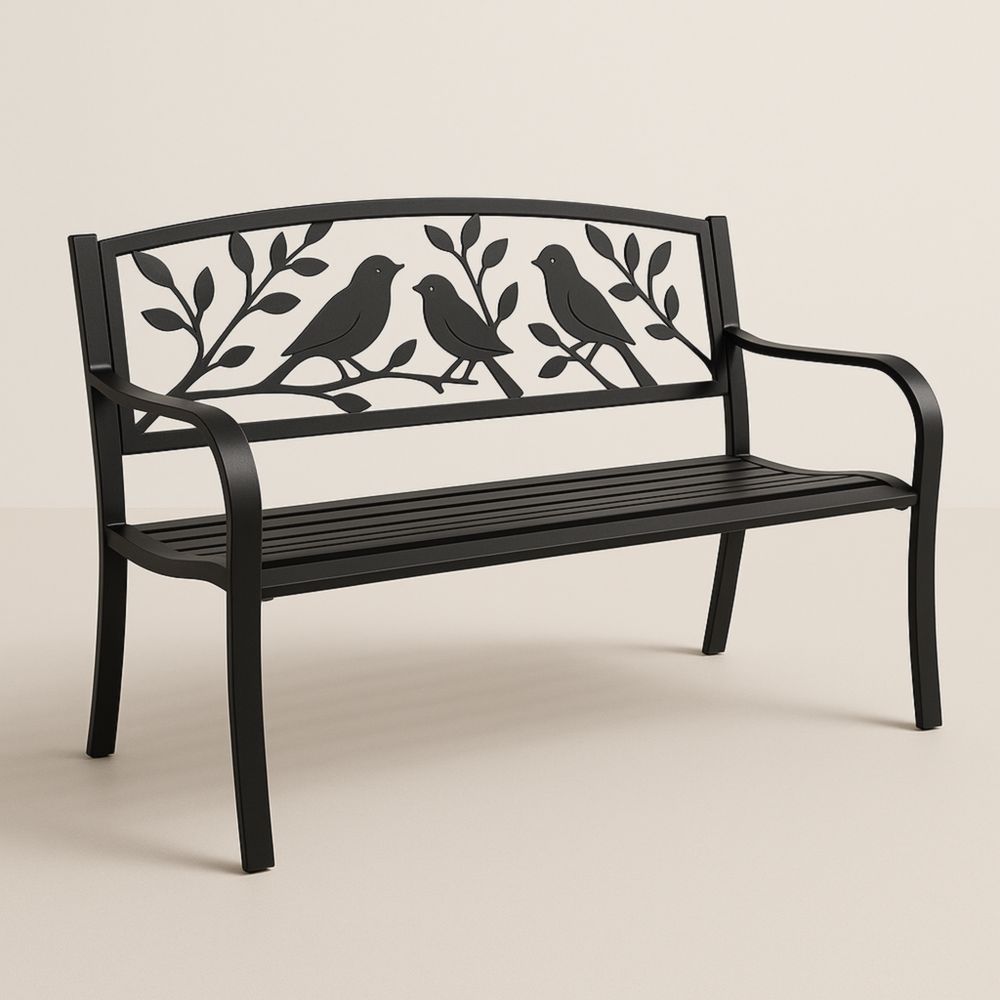 Banc en métal noir avec motif d'oiseaux