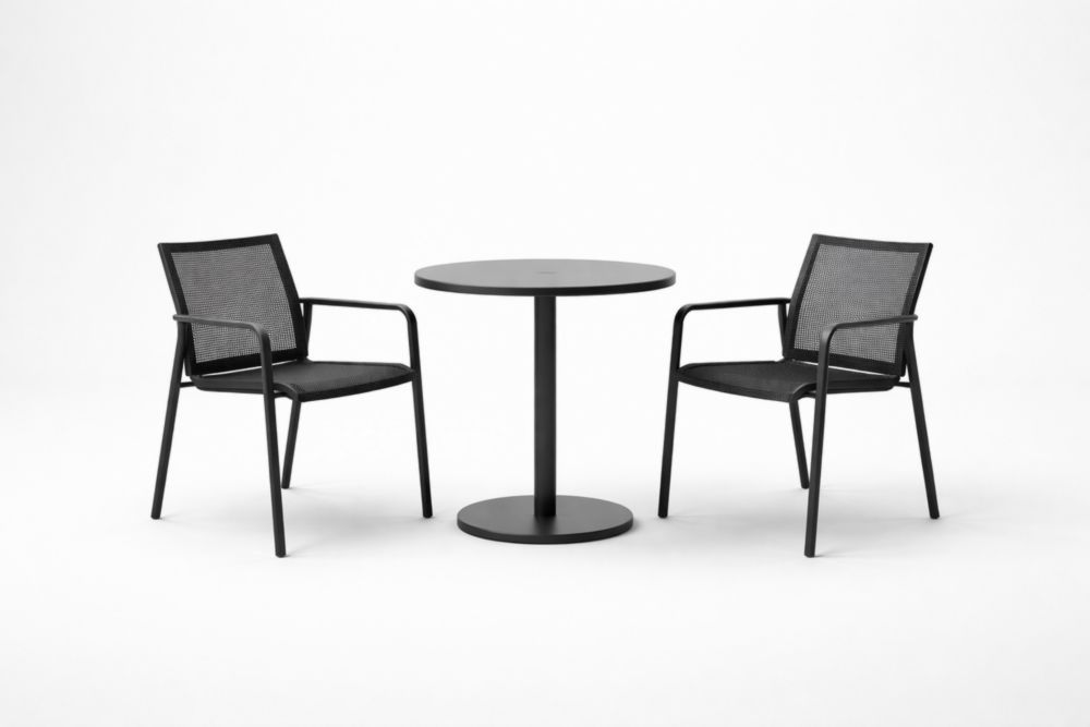 Ensemble café de jardin avec table bistro ronde en acier et 2 chaises en maille noire pour extérieur