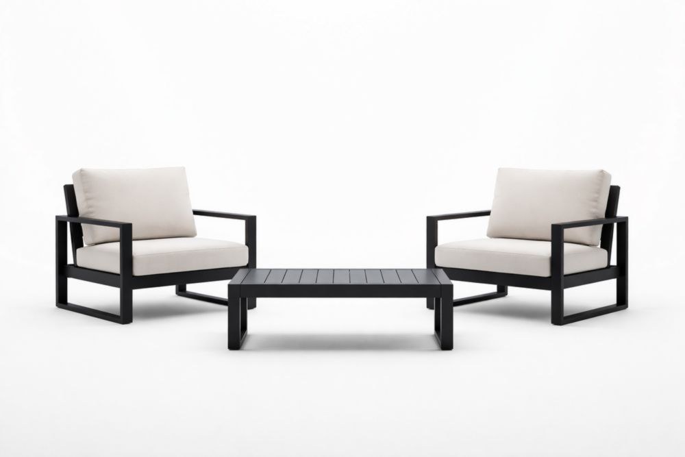 Ensemble de salon extérieur 3 pièces en aluminium noir avec coussins beiges