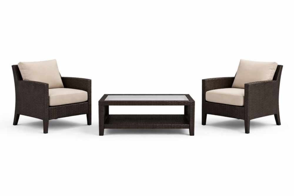 Ensemble de Salon de Jardin en Rotin avec Coussins et Table en Verre Trempé