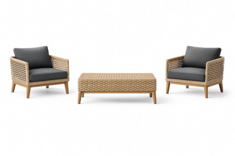 Ensemble de salon extérieur 3 pièces en aluminium et résine tressée avec coussins en polyester gris