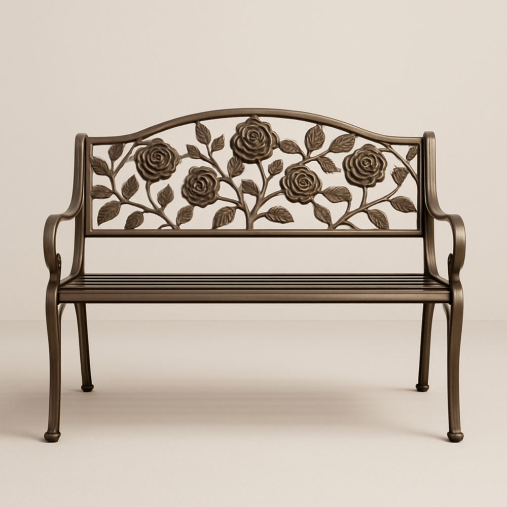 Banc de jardin en métal avec motif floral en bronze 120x60x80 cm