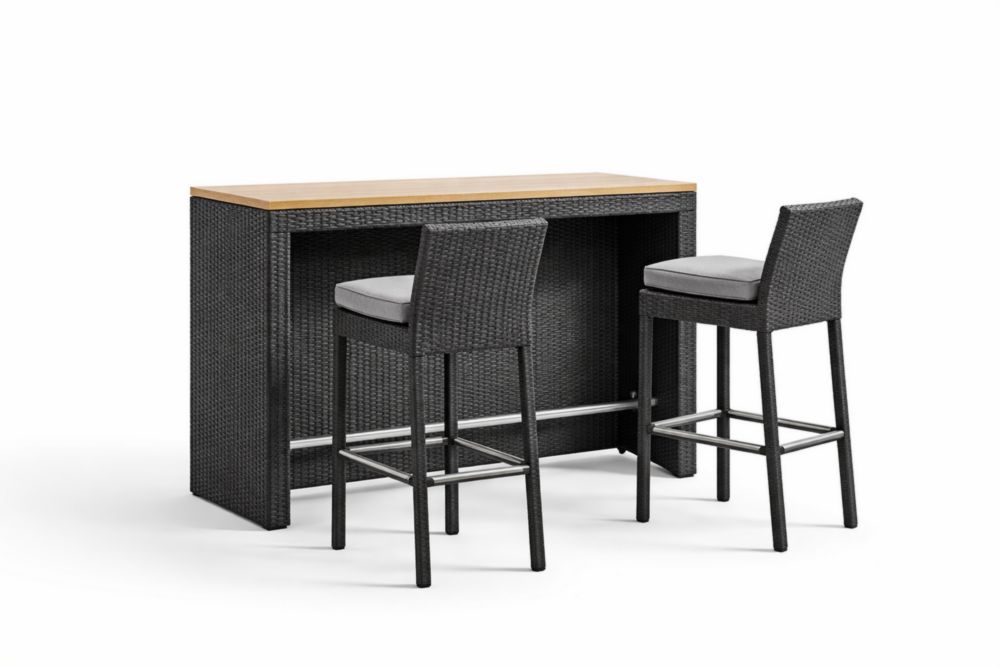 Ensemble de bar extérieur en résine tressée et bois avec deux tabourets noirs